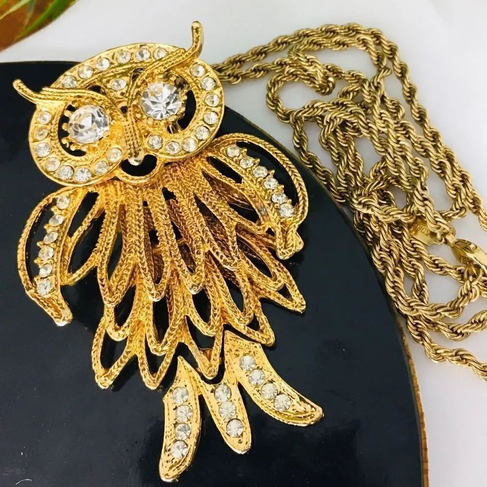 Vintage ESTATE 14K Gold overlay GP Rope Necklace OWL Pendant 4308